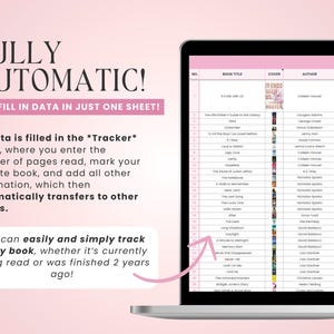 K&ouml;nnte beinhalten: Ein Laptop-Bildschirm zeigt eine Tabellenkalkulation mit einer Liste von Buchtiteln, Autoren, Genres und Coverbildern. Die Tabellenkalkulation ist mit "Tracker" beschriftet und der Text "FULLY AUTOMATIC! YOU FILL IN DATA IN JUST ONE SHEET!" wird auf dem Bildschirm angezeigt.