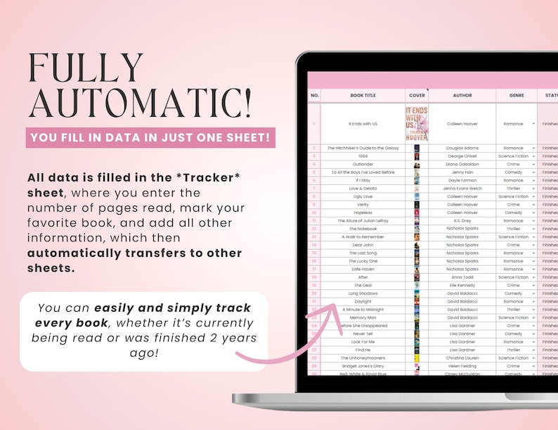 K&ouml;nnte beinhalten: Ein Laptop-Bildschirm zeigt eine Tabellenkalkulation mit einer Liste von Buchtiteln, Autoren, Genres und Coverbildern. Die Tabellenkalkulation ist mit "Tracker" beschriftet und der Text "FULLY AUTOMATIC! YOU FILL IN DATA IN JUST ONE SHEET!" wird auf dem Bildschirm angezeigt.