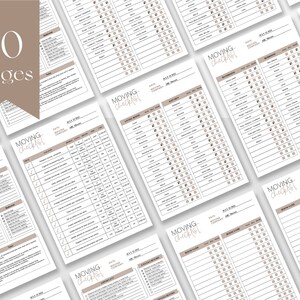 May include: A printable moving checklist with 10 pages. The checklist is organized by category, with sections for each room in the house. The checklist includes tasks such as packing, cleaning, and contacting utilities.