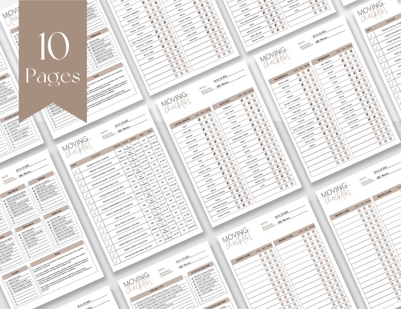 May include: A printable moving checklist with 10 pages. The checklist is organized by category, with sections for each room in the house. The checklist includes tasks such as packing, cleaning, and contacting utilities.