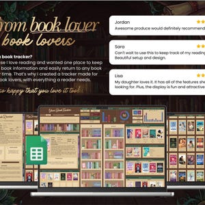 May include: A digital book tracker displayed on three laptops. The screens show book reviews, a library, and a Google Sheets icon. Text reads "From book lover to book lovers" and customer reviews.