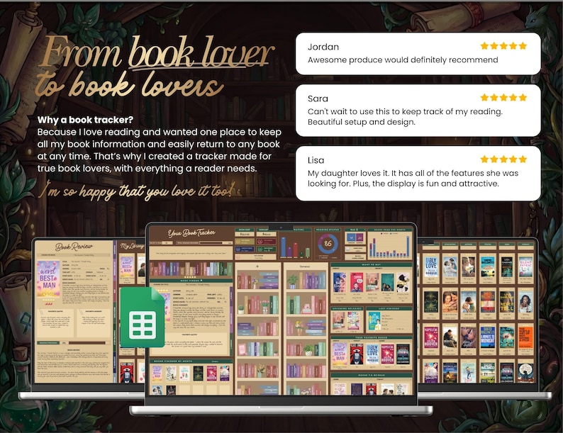 May include: A digital book tracker displayed on three laptops. The screens show book reviews, a library, and a Google Sheets icon. Text reads "From book lover to book lovers" and customer reviews.
