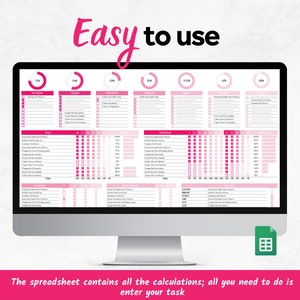 Op de afbeelding: Een computerscherm dat een roze en witte spreadsheet toont met een wekelijks schoonmaakschema. De spreadsheet bevat een lijst met taken, een voortgangsbalk en een kalender. De tekst "Easy to use" wordt boven de spreadsheet weergegeven. De spreadsheet bevat de tekst "De spreadsheet bevat alle berekeningen; alles wat je hoeft te doen is je taak invoeren."