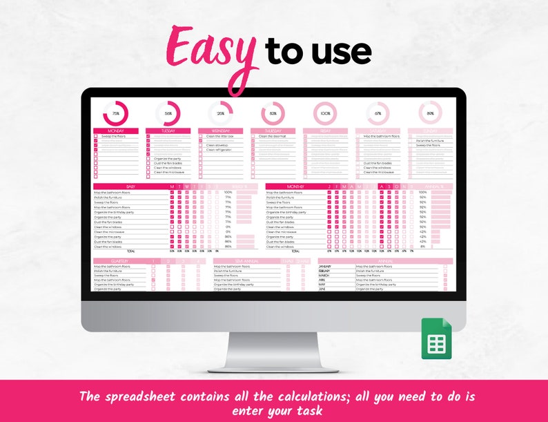 Op de afbeelding: Een computerscherm dat een roze en witte spreadsheet toont met een wekelijks schoonmaakschema. De spreadsheet bevat een lijst met taken, een voortgangsbalk en een kalender. De tekst "Easy to use" wordt boven de spreadsheet weergegeven. De spreadsheet bevat de tekst "De spreadsheet bevat alle berekeningen; alles wat je hoeft te doen is je taak invoeren."