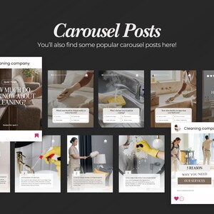 May include: A dark background displays a carousel of social media posts for a cleaning company. The posts feature text like "How much do you know about cleaning?" and "5 reasons why you need our services."