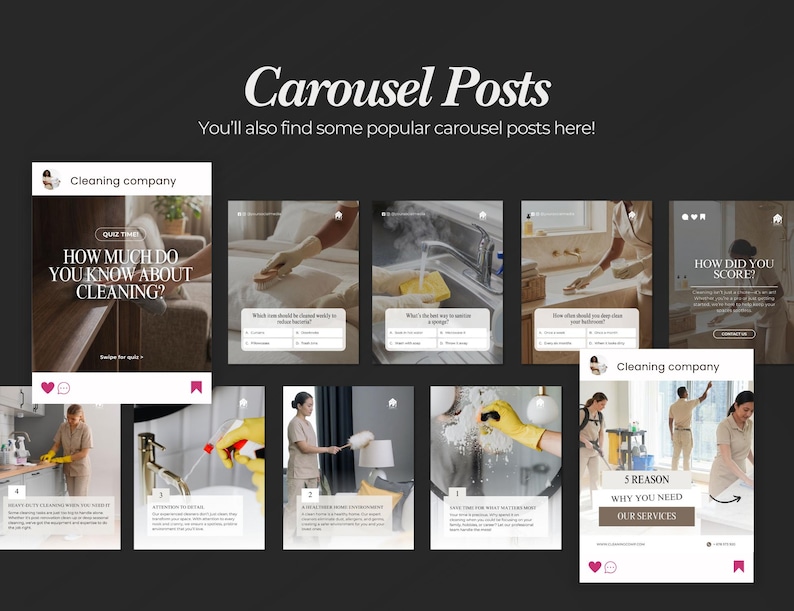 May include: A dark background displays a carousel of social media posts for a cleaning company. The posts feature text like "How much do you know about cleaning?" and "5 reasons why you need our services."