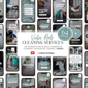 Könnte beinhalten: Eine Sammlung von 24 Smartphone-Bildschirm-Mockups, die für Reinigungsdienste werben. Die Bildschirme zeigen Texte wie "Reinigungsdienste", "Wohnungsreinigung" und "Video Reels". Die Farbpalette umfasst Türkis, Weiß und Schwarz.