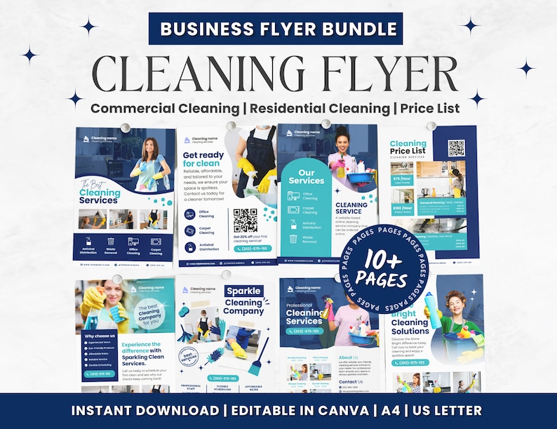 Puede incluir: Un paquete de folletos para servicios de limpieza. Los folletos presentan una variedad de dise&ntilde;os con diferentes esquemas de colores e im&aacute;genes de personas limpiando. El texto en los folletos incluye las palabras "Cleaning Flyer", "Commercial Cleaning", "Residential Cleaning" y "Price List". Los folletos tambi&eacute;n incluyen un c&oacute;digo QR y el texto "10+ P&aacute;ginas".