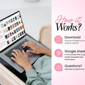 May include: A laptop screen displaying a digital book review tracker and library template. The right side features pink circular icons with white symbols and text reading How it Works, Download, Google sheets, and Questions with instructions.