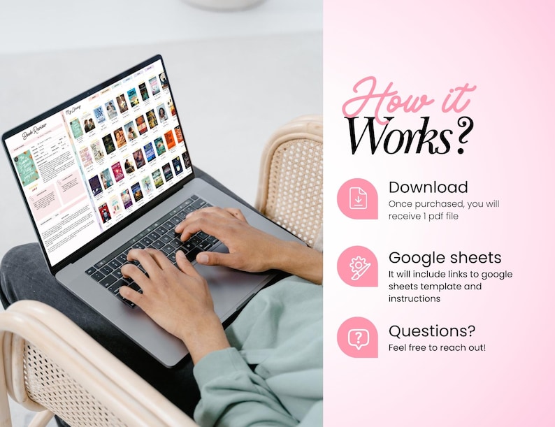 May include: A laptop screen displaying a digital book review tracker and library template. The right side features pink circular icons with white symbols and text reading How it Works, Download, Google sheets, and Questions with instructions.