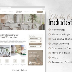 May include: A website mockup for Crystal Space, a commercial cleaning service. The webpage features sections for services, including residential, deep, and commercial cleaning. The text "Editable Pages Included" is also visible.