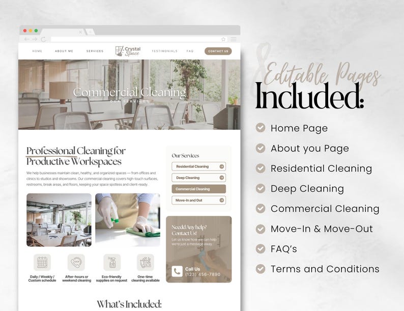 May include: A website mockup for Crystal Space, a commercial cleaning service. The webpage features sections for services, including residential, deep, and commercial cleaning. The text "Editable Pages Included" is also visible.
