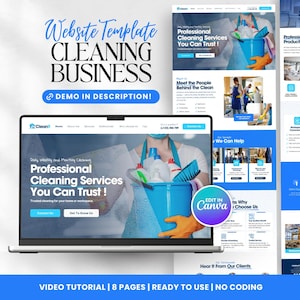 May include: A website template for a cleaning business, with a laptop showing a website design in blue and white. The design includes the text "Professional Cleaning Services You Can Trust!" and "Demo in Description!" with 8 pages.