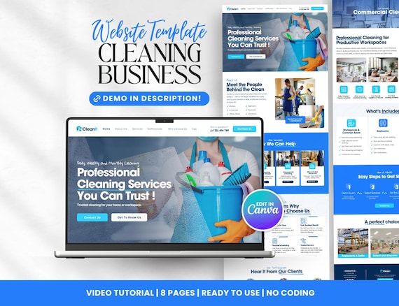 Cleaning Service Website Template, Cleaning Business, Professional Cleaning Website, Commercial Cleaning, Residential Cleaning, Canva
