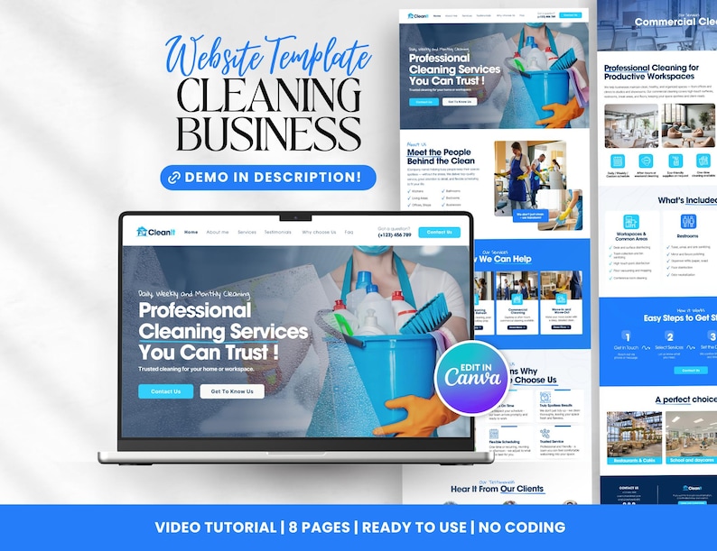 Op de afbeelding: Een website template voor een schoonmaakbedrijf, met een laptop die een website ontwerp in blauw en wit toont. Het ontwerp bevat de tekst "Professional Cleaning Services You Can Trust!" en "Demo in Description!"