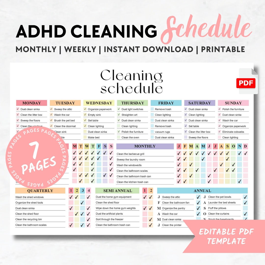 Cleaning Schedule, Printable ADHD Planner, Cleaning Checklist ...