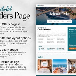 May include: A website design showcasing a Bahamas cruise offer. The page includes details about the cruise, accommodation, and what's included. Text on the page highlights features like offers pages, layout options, gallery space, and flexible design.