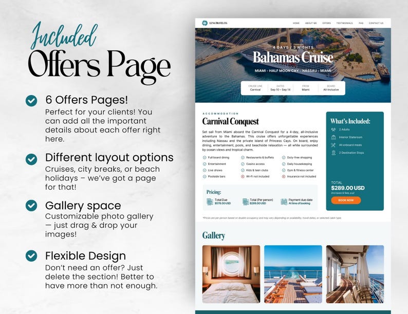 May include: A website design showcasing a Bahamas cruise offer. The page includes details about the cruise, accommodation, and what's included. Text on the page highlights features like offers pages, layout options, gallery space, and flexible design.