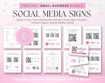 QR Code Small Business Sign Template: Social Media, Payment (Canva Editable, Digital Download)