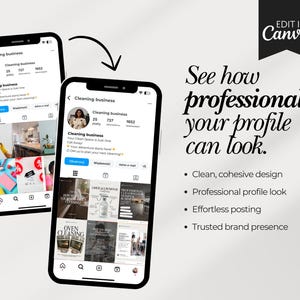 May include: Two smartphones displaying a cleaning business profile on a social media platform. The image includes the text "See how professional your profile can look" and bullet points about design, look, posting, and brand presence.