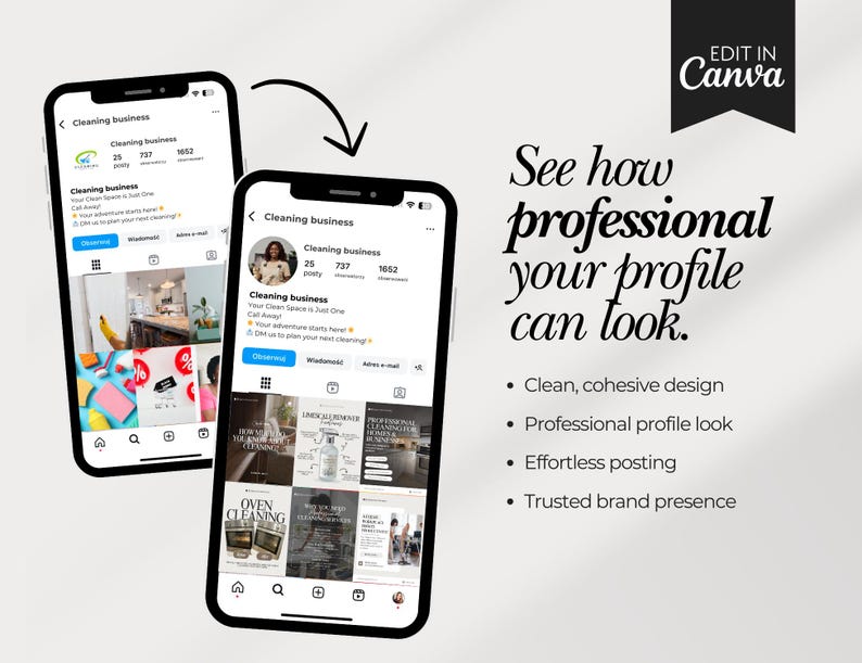 May include: Two smartphones displaying a cleaning business profile on a social media platform. The image includes the text "See how professional your profile can look" and bullet points about design, look, posting, and brand presence.