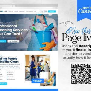 Op de afbeelding: Een website-mockup voor een schoonmaakservice, met een blauw en wit ontwerp en de tekst "Professionele schoonmaakdiensten waarop u kunt vertrouwen!" Een persoon houdt een blauwe emmer met schoonmaakmiddelen vast. De pagina bevat een QR-code.