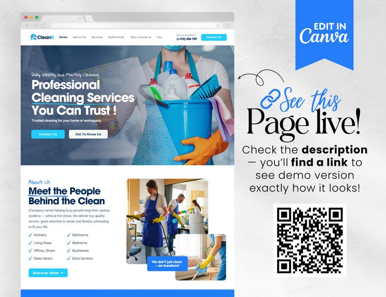 Op de afbeelding: Een website-mockup voor een schoonmaakservice, met een blauw en wit ontwerp en de tekst "Professionele schoonmaakdiensten waarop u kunt vertrouwen!" Een persoon houdt een blauwe emmer met schoonmaakmiddelen vast. De pagina bevat een QR-code.