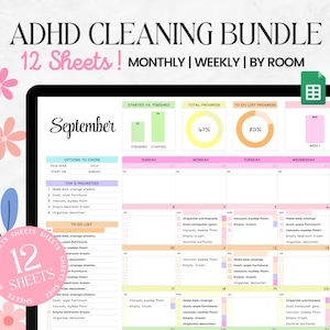 Harmonogram sprzątania ADHD | Arkusze Google | Cyfrowy planer ADHD | Tygodniowa i miesięczna lista kontrolna sprzątania | Planer ADHD dla dorosłych | Planer ADHD