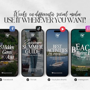 K&ouml;nnte beinhalten: Bild mit vier Smartphones, die Social-Media-Inhalte zum Thema Reisen anzeigen. Jedes Telefon zeigt ein anderes Design, darunter Texte wie "5 Hidden Gems in Asia" und "European Summer Guide". Logos von Social-Media-Plattformen sind sichtbar.