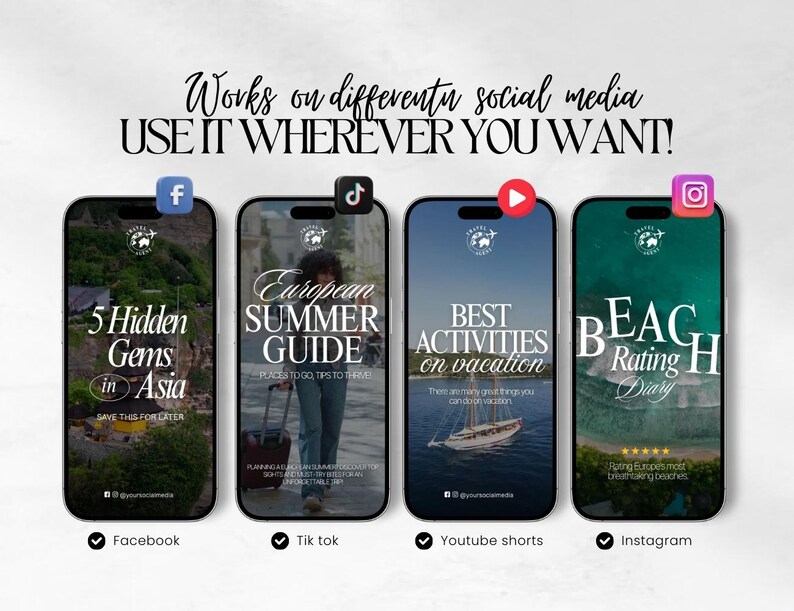 K&ouml;nnte beinhalten: Bild mit vier Smartphones, die Social-Media-Inhalte zum Thema Reisen anzeigen. Jedes Telefon zeigt ein anderes Design, darunter Texte wie "5 Hidden Gems in Asia" und "European Summer Guide". Logos von Social-Media-Plattformen sind sichtbar.