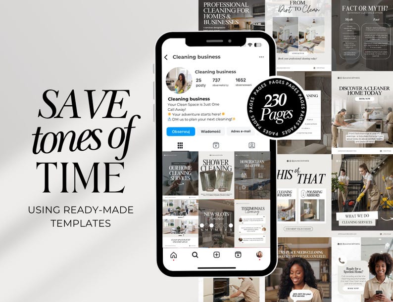 May include: A smartphone displays a cleaning business Instagram profile with various cleaning service templates. Text on the image reads "SAVE tones of TIME USING READY-MADE TEMPLATES" and "230 Pages".