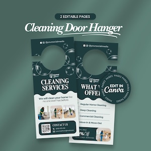 May include: Two-sided cleaning door hanger with a teal background. The text "Cleaning Door Hanger" is at the top. The front side says "Cleaning Services" and the back side says "What We Offer". Includes a QR code and the text "Edit in Canva".