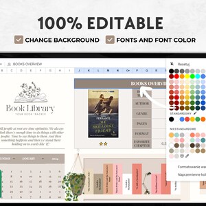 May include: A digital book tracker template displayed on a laptop screen. The template includes sections for book details, a calendar, and color customization options. Text on the screen reads "Book Library" and "100% Editable."