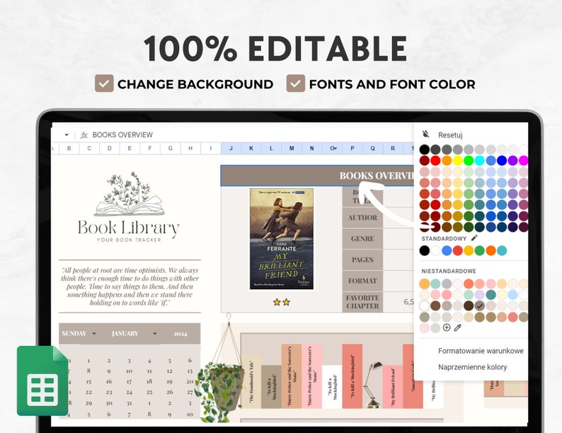 May include: A digital book tracker template displayed on a laptop screen. The template includes sections for book details, a calendar, and color customization options. Text on the screen reads "Book Library" and "100% Editable."