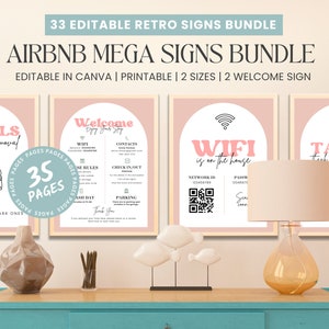 May include: A set of 33 printable Airbnb signs in a retro style. The signs are pink and white with black text and graphics. The signs include a welcome sign, a WiFi sign, a towels sign, and a tag us sign. The signs are editable in Canva and come in two sizes.