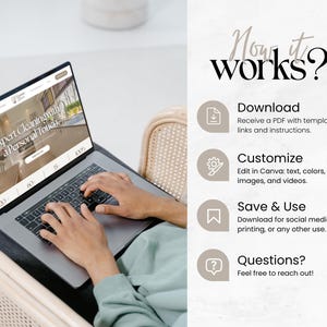 May include: A laptop displaying a website with the text "Expert Cleaning with a Personal Touch" is open on a person's lap. The image also includes the text "Now it works?" and instructions for downloading, customising, and saving a template.