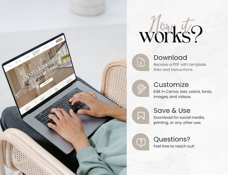 May include: A laptop displaying a website with the text "Expert Cleaning with a Personal Touch" is open on a person's lap. The image also includes the text "Now it works?" and instructions for downloading, customising, and saving a template.