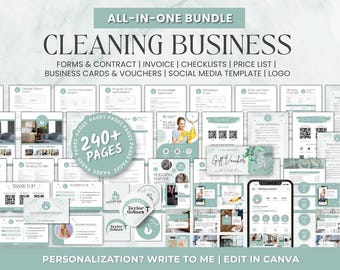 May include: A digital marketing kit for a cleaning business. The kit includes 240+ pages of customizable templates for forms, contracts, invoices, checklists, price lists, business cards, vouchers, social media posts, and a logo. The templates are designed in a green and white color scheme with a marble background.