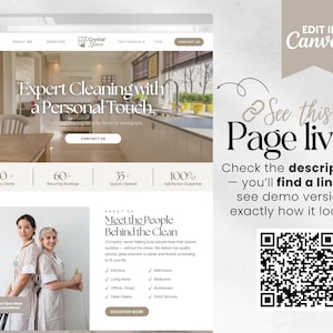 May include: A website mockup for a cleaning service, with the text "Expert Cleaning with a Personal Touch." The site includes sections for services, testimonials, and contact information. The image also includes a QR code and the text "See this Page live!"