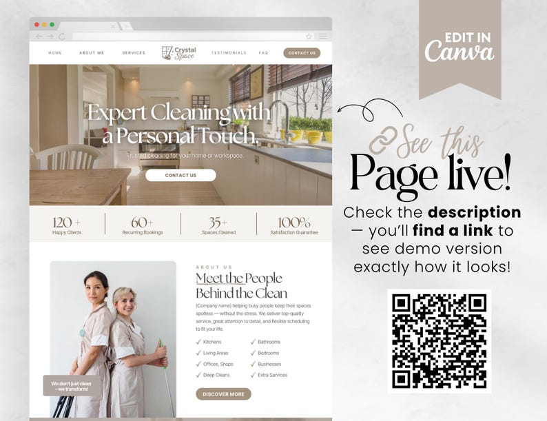 May include: A website mockup for a cleaning service, with the text "Expert Cleaning with a Personal Touch." The site includes sections for services, testimonials, and contact information. The image also includes a QR code and the text "See this Page live!"