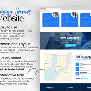 Op de afbeelding: Een website-ontwerp voor schoonmaakdiensten, met een blauw en wit kleurenschema. Het ontwerp bevat secties voor getuigenissen, veelgestelde vragen, contactgegevens en een interactieve kaart. Tekst benadrukt gebruiksgemak, professionele lay-out, galerijruimte en een interactieve kaart.