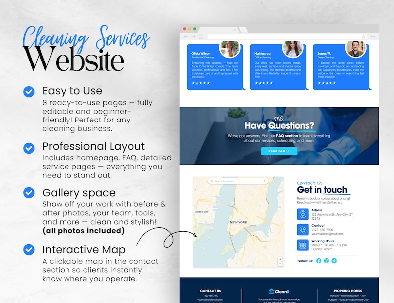Op de afbeelding: Een website-ontwerp voor schoonmaakdiensten, met een blauw en wit kleurenschema. Het ontwerp bevat secties voor getuigenissen, veelgestelde vragen, contactgegevens en een interactieve kaart. Tekst benadrukt gebruiksgemak, professionele lay-out, galerijruimte en een interactieve kaart.