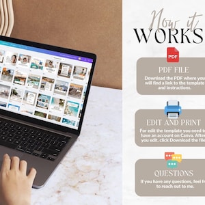 K&ouml;nnte beinhalten: Ein Laptop-Computer, auf dem eine Canva-Designvorlage mit einer Vielzahl von Reisebildern angezeigt wird. Der Bildschirm zeigt ein Raster von Bildern mit Text&uuml;berlagerungen. Der Text auf dem Bildschirm lautet "How it WORKS?"  "PDF FILE" "Download the PDF where you will find a link to the template and instructions." "EDIT AND PRINT" "For edit the template you need to have an account on Canva. After you edit, click Download the file" "QUESTIONS" "If you have any questions, feel free to reach out to me."