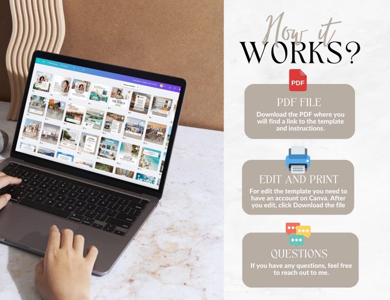 K&ouml;nnte beinhalten: Ein Laptop-Computer, auf dem eine Canva-Designvorlage mit einer Vielzahl von Reisebildern angezeigt wird. Der Bildschirm zeigt ein Raster von Bildern mit Text&uuml;berlagerungen. Der Text auf dem Bildschirm lautet "How it WORKS?"  "PDF FILE" "Download the PDF where you will find a link to the template and instructions." "EDIT AND PRINT" "For edit the template you need to have an account on Canva. After you edit, click Download the file" "QUESTIONS" "If you have any questions, feel free to reach out to me."
