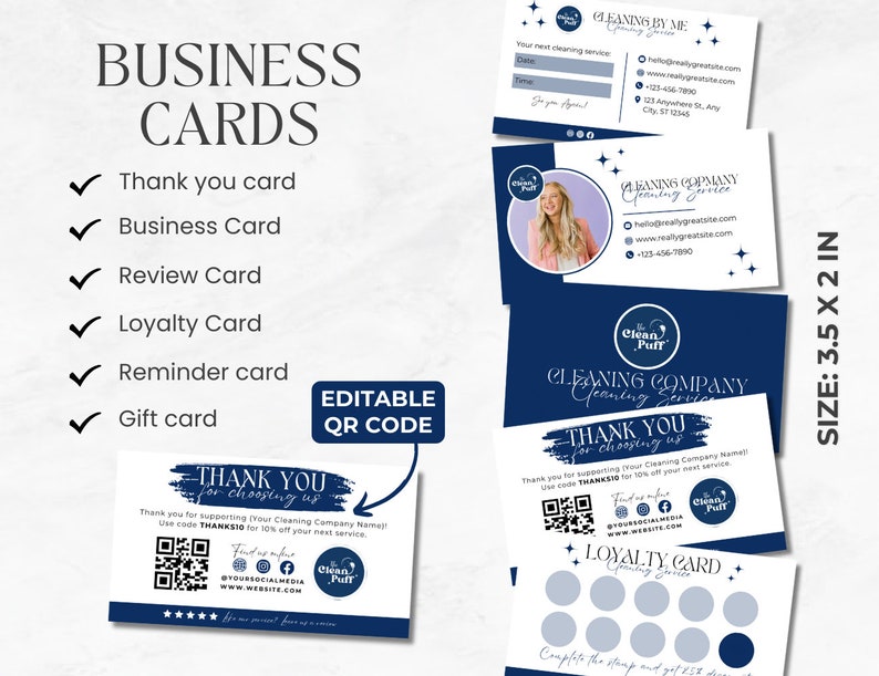May include: Business cards with a navy blue and white design. The cards include a thank you card, business card, review card, loyalty card, reminder card, and gift card. The cards are 3.5 x 2 inches.