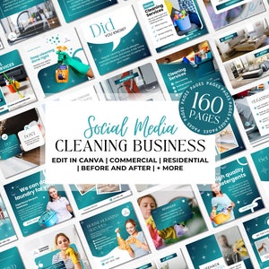May include: A collection of 160 social media post templates for cleaning businesses. The templates are designed for use on Canva and feature a teal and white colour scheme. The templates include images of cleaning supplies, cleaning staff, and before and after photos of cleaning services. The text on the templates includes phrases like "Cleaning Services", "House Cleaning Services", "Deep Cleaning Done Right", "High Quality Detergents", and "Get to Know Me".