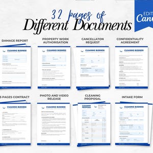 May include: A collection of documents for a cleaning business, including a damage report, contract, and proposal. The image displays 32 pages of documents with a blue and white design. The documents are available in US Letter and A4 sizes.