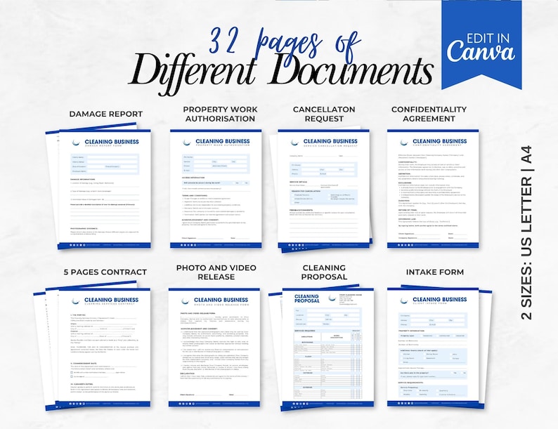 May include: A collection of documents for a cleaning business, including a damage report, contract, and proposal. The image displays 32 pages of documents with a blue and white design. The documents are available in US Letter and A4 sizes.