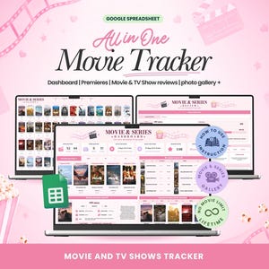 Peut inclure: Un outil de suivi de films tout-en-un pour Google Spreadsheet affiché sur trois écrans d'ordinateur portable. L'interface présente des accents roses, des affiches de films, des sections de critiques et un tableau de bord avec des icônes.