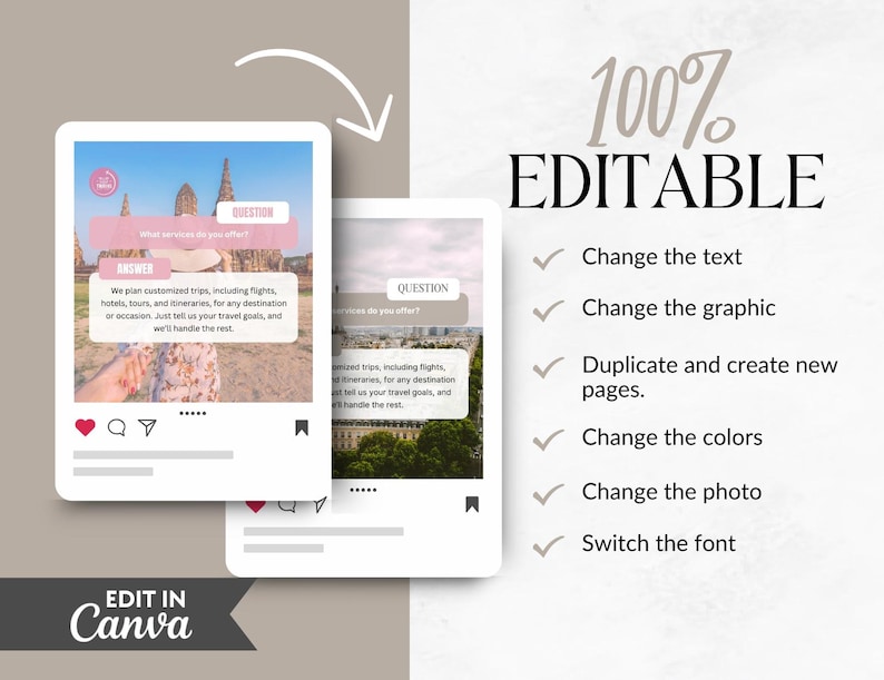 K&ouml;nnte beinhalten: Eine rosa und wei&szlig;e Instagram-Post-Vorlage im Frage-Antwort-Format. Die Vorlage ist zu 100% editierbar und kann verwendet werden, um ma&szlig;geschneiderte Reiserouten zu erstellen. Der Text auf der Vorlage lautet: &bdquo;FRAGE: Welche Dienstleistungen bieten Sie an? ANTWORT: Wir planen ma&szlig;geschneiderte Reisen, einschlie&szlig;lich Fl&uuml;ge, Hotels, Touren und Reiserouten, f&uuml;r jedes Reiseziel oder jeden Anlass. Teilen Sie uns einfach Ihre Reiseziele mit, und wir k&uuml;mmern uns um den Rest. &ldquo;